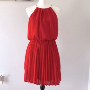 Papaya‎ Red Short Pleaded Skirt Dress w/ Gold Straps